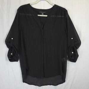 COMO Black Blouse Women M Roll Tab Sleeve Sheer‎ Popover High Low Minimalist